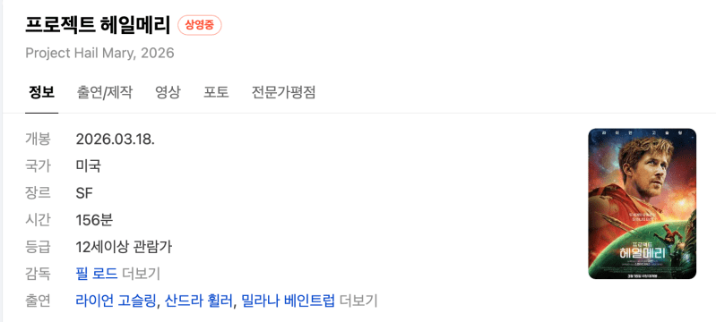 영화 프로젝트 헤일메리 정보